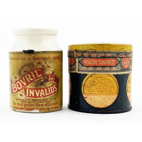 308 - LABELLED DUO. Tallest 3.25ins. Pottery Bovril jar & Beechams Pills tin with lid. Damages. (2)