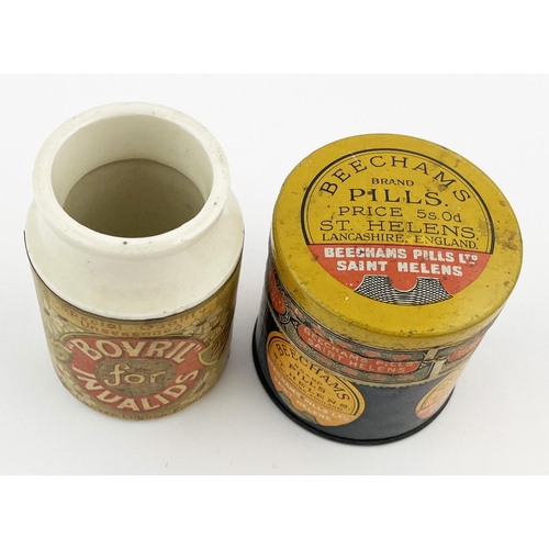 308 - LABELLED DUO. Tallest 3.25ins. Pottery Bovril jar & Beechams Pills tin with lid. Damages. (2)