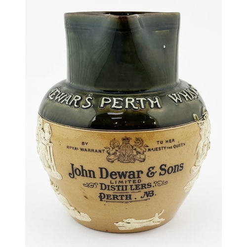 313 - DOULTON LAMBETH DEWARS PERTH WHISKY JUG. 6.25ins tall. Embossed lettering & sprigs, black transfer, ... 