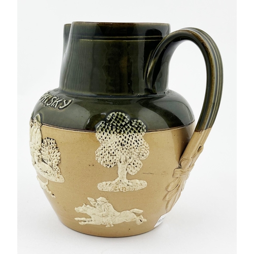 313 - DOULTON LAMBETH DEWARS PERTH WHISKY JUG. 6.25ins tall. Embossed lettering & sprigs, black transfer, ... 