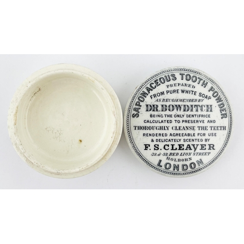 317 - F. S. CLEAVER TOOTH POWDER POT LID & BASE. .3.5ins diam. Black transfer. SAPONACEOUS TOOTH POWDER/ H... 