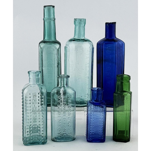 327 - MIXED GLASS GROUP. Tallest 8ins. Inc. Poison, sauce bottle, varnish plus plain items. Damages. (7)