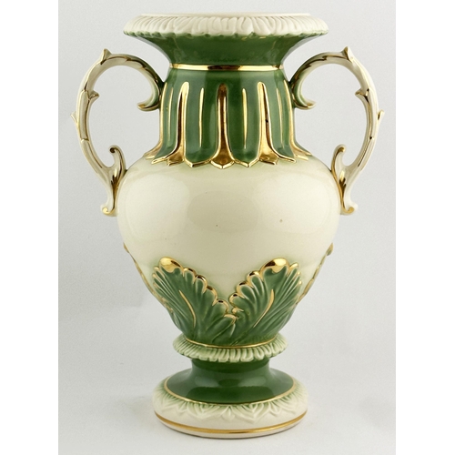 338 - HEMLOCK CHEMIST JAR. 13ins tall. Green & gold decorative handled jar. Not an original example. Good.