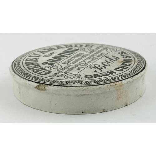 343 - BOOTS CREME D� AMANDE SHAVING POT LID. 3.25ins diam. Black transfer. Outer edge chip, some discolour... 