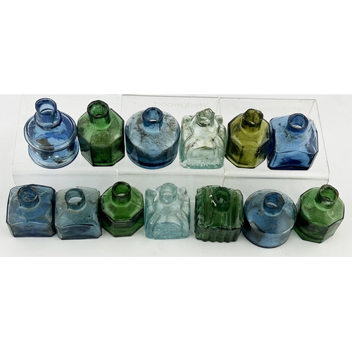 344 - INKS GROUP. Largest 2.5ins. Mainly green & blue glass. Various shapes & sizes. 2 embossed LYONS/ INK... 