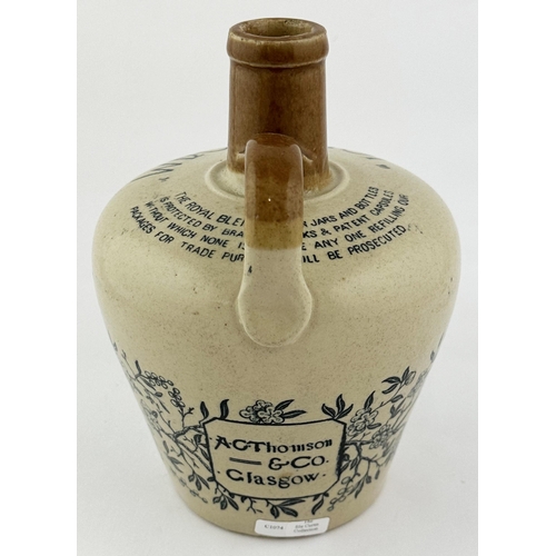 613 - JEROBOAM WHISKY JUG. 7.5ins tall. All over body transfer, rear handle. Base p.m. Lip nibbles. The El... 