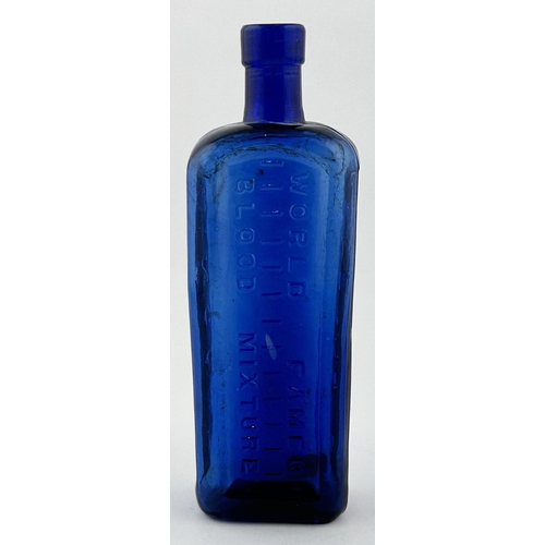 615 - LINCOLN BLOOD MIXTURE BOTTLE. 7.5ins tall. Cobalt blue glass. Embossed to 3 sides. CLARKES. Burst ai... 