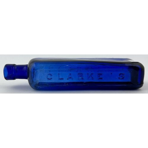 615 - LINCOLN BLOOD MIXTURE BOTTLE. 7.5ins tall. Cobalt blue glass. Embossed to 3 sides. CLARKES. Burst ai... 