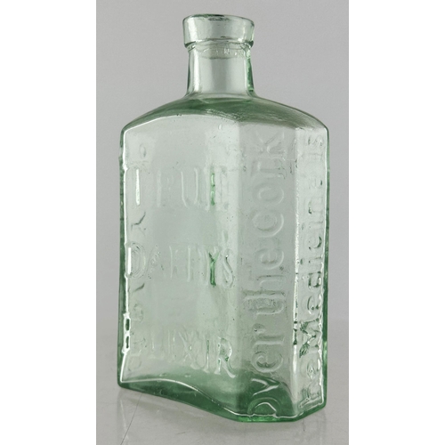 616 - TRUE DAFFYS ELIXIR BOTTLE. 5ins tall. Aqua glass, heavily embossed to all side panels. Mint/ classic... 