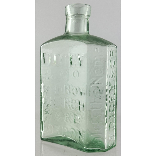 616 - TRUE DAFFYS ELIXIR BOTTLE. 5ins tall. Aqua glass, heavily embossed to all side panels. Mint/ classic... 