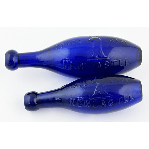 619 - NEWCASTLE FLAT BOTTOMED HAMILTON DUO. Tallest 9ins. Cobalt blue glass, heavily embossing to both. BR... 