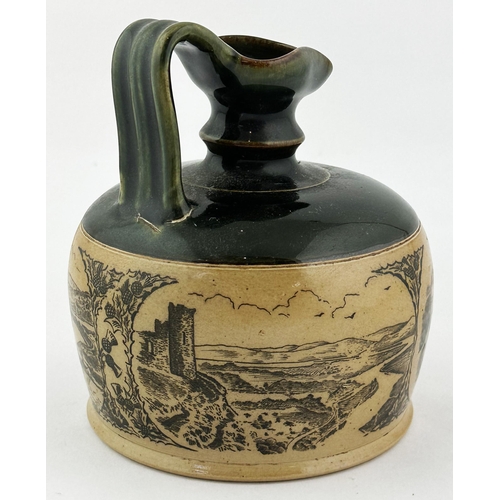 622 - DOULTON LAMBETH JOHN DEWAR & SONS WHISKY JUG. 6ins tall. Green top, black transfer, rear handle, bas... 