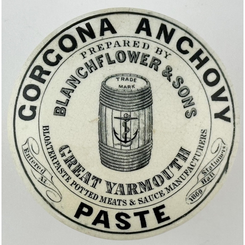 647 - GREAT YARMOUTH GORGONA ANCHOVY PASTE POT LID & BASE. 3.75ins diam. Blanchflower & Sons, barrel t.m. ... 