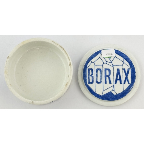 648 - BORAX LIDDED JAR & BASE. 3.25ins diam. Blue & white pottery jar, transfer to lid under side. Minor n... 