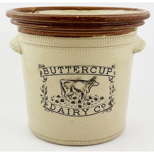 650 - BUTTERCUP DAIRY BUTTER CROCK. 7.75ins tall. Cow pict to front, 7LB impressed under side handle. Buch... 