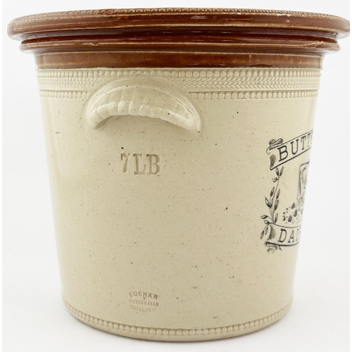 650 - BUTTERCUP DAIRY BUTTER CROCK. 7.75ins tall. Cow pict to front, 7LB impressed under side handle. Buch... 