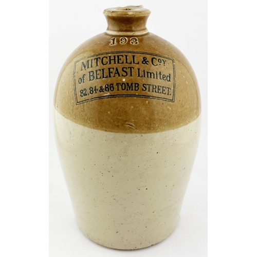 652 - BELFAST FLAGON. 12ins tall. Black transfer. MITCHELL & CO/ TOMB STREET. Impressed 193 below lip, rea... 