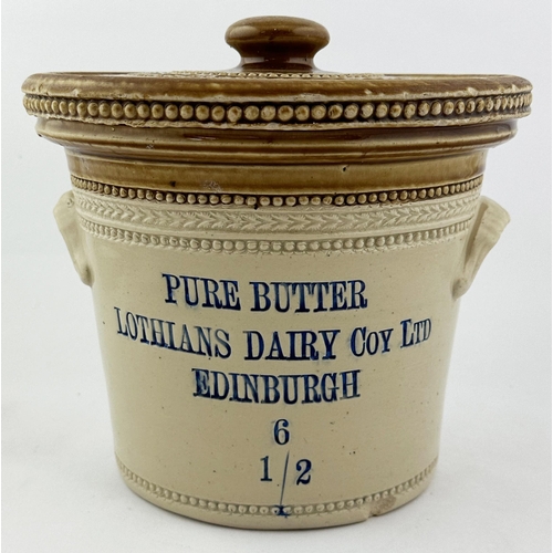 653 - EDINBURGH BUTTER CROCK. 8ins tall. Impressed PURE BUTTER/ LOTHIANS DAIRY CO LTD. With lid. Buchan p.... 