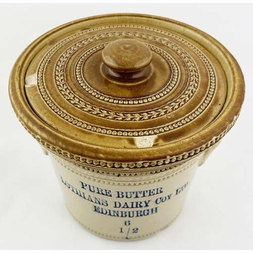 653 - EDINBURGH BUTTER CROCK. 8ins tall. Impressed PURE BUTTER/ LOTHIANS DAIRY CO LTD. With lid. Buchan p.... 