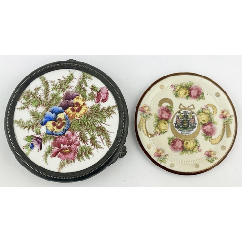 655 - BOSTON PLATE & METAL FOOTED TEAPOT STAND DUO. Largest 7ins. Both multicoloured floral designs. Very ... 