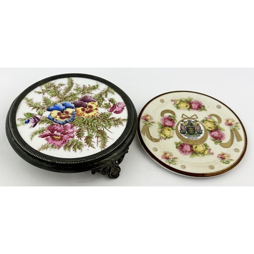 655 - BOSTON PLATE & METAL FOOTED TEAPOT STAND DUO. Largest 7ins. Both multicoloured floral designs. Very ... 