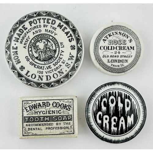 657 - BLACK & WHITE POT LID GROUP. Largest 3.5ins diam. Inc. Edward Cooks Tooth Soap, Army & Navy Potted M... 