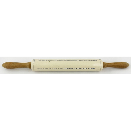 658 - MANCHESTER ADVERTISING ROLLING PIN. 21ins long. Blue transfer. COOMBS, MASONS, LADYS CAKE FLOUR. Sli... 