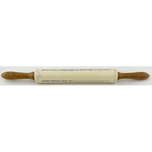 658 - MANCHESTER ADVERTISING ROLLING PIN. 21ins long. Blue transfer. COOMBS, MASONS, LADYS CAKE FLOUR. Sli... 