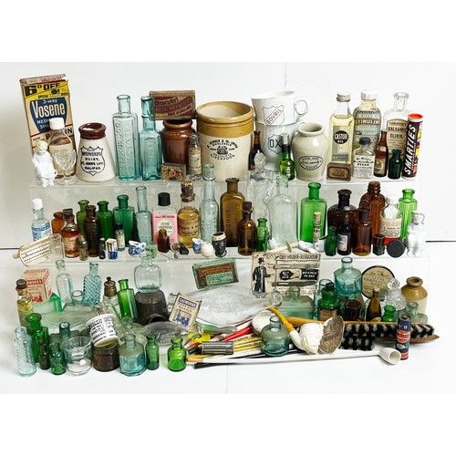 363 - ECLECTIC MIX. Inc. Mixed glass bottles, Sauce, oils, medicines, boxes & packaging, pipes, pencils, b... 