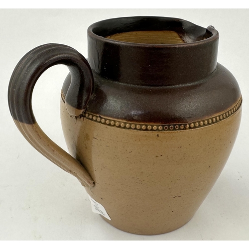 21 - JAMES STIFF & SONS TRADESMANS SAMPLE WATER JUG. 5ins tall. Salt glaze, t.t. - dark brown top. Squat ... 