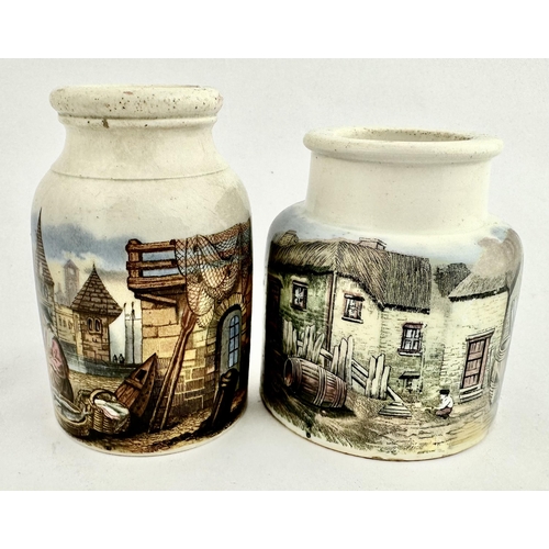 4 - PRATTWARE JARS. (KM502,503 p179) Tallest 3.8ins. PEGWELL BAY - KENT/MENDING THE NETS. Both have disc... 