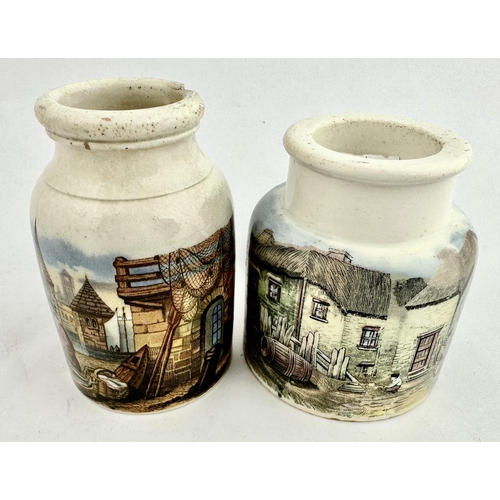 4 - PRATTWARE JARS. (KM502,503 p179) Tallest 3.8ins. PEGWELL BAY - KENT/MENDING THE NETS. Both have disc... 