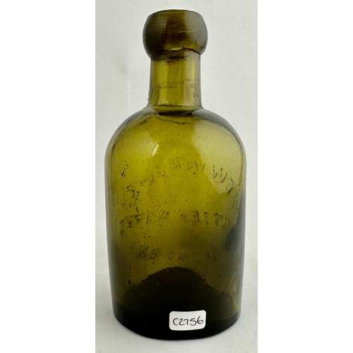 9 - FEWING & CO TAUNTON. SELTZER. 6.1ins tall. Olive green glass. Blob lip, crude neck straitions, thin ... 