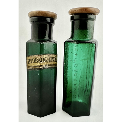 26 - BOXWOOD TOPS POISON BOTTLE DUO. 4.5ins tall. Fabulous Teal green (one darker than the other) vertica... 