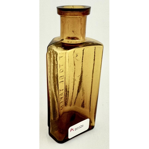 28 - AMBER FLAT BACK BOTTLE. DP p52. 3.25ins tall. Golden amber Lewis & Towers Pratical Poison Patent in ... 