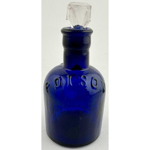 29 - KILNER BROTHERS CORBYN POISON BOTTLE. DP p68. 4.15ins to top of ground glass stopper. Strong cobalt ... 