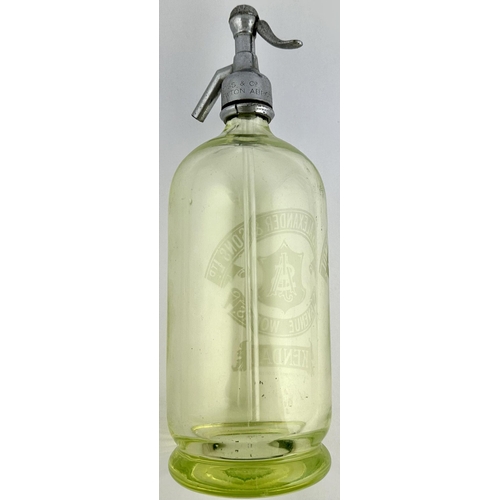 35 - KENDAL SODA SYPHON. 13.6ins tall. Light green glass, footed base type. Shiny metal trigger guard - t... 