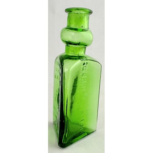 38 - FISHERS SEAWEED EXTRACT. 5.2ins tall. Bright green glass, triangular body with extraordinary bulb ne... 