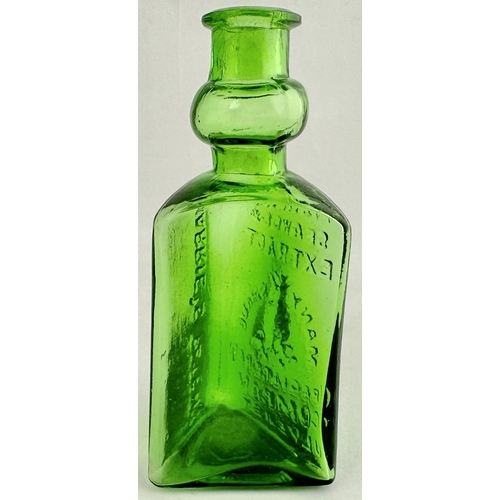 38 - FISHERS SEAWEED EXTRACT. 5.2ins tall. Bright green glass, triangular body with extraordinary bulb ne... 