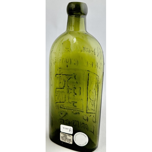 44 - WARNERS SAFE CURE LONDON BOTTLE. 7.3ins tall. Mid to darkish green, large front safe pict. t.m. A su... 