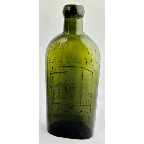 45 - WARNERS SAFE CURE LONDON BOTTLE. 7.25ins tall. Wonderful bright olive green, large front safe pict. ... 