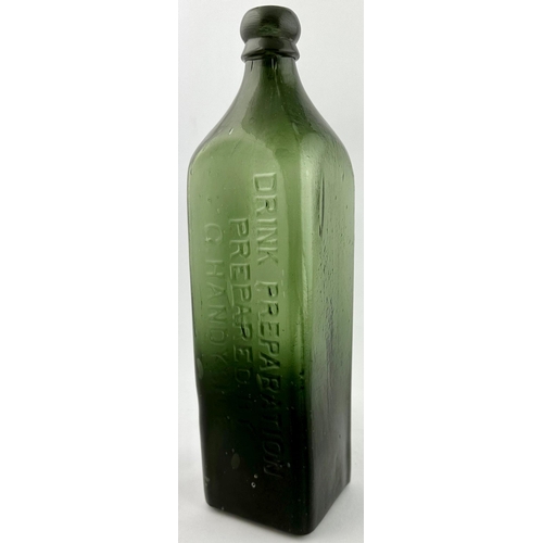 46 - HANDYSIDES DRINK PREPARATION BOTTLE. 10.6ins tall Bluey olive green glass, tall square form with sho... 