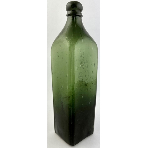 46 - HANDYSIDES DRINK PREPARATION BOTTLE. 10.6ins tall Bluey olive green glass, tall square form with sho... 