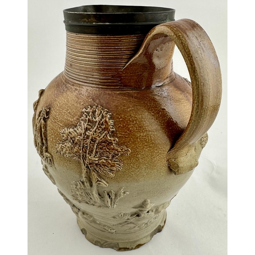 49 - KISHERE . 9ins tall. Large salt glaze jug, top section darker, wonderful orange peel effect. Neck ty... 