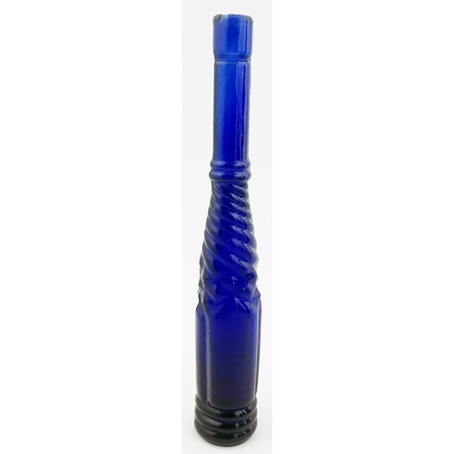 62 - WHIRLEY SALAD OIL BOTTLE. 8.5ins tall, sheared lip, cobalt blue glass. Heavy embossing, elegant tall... 