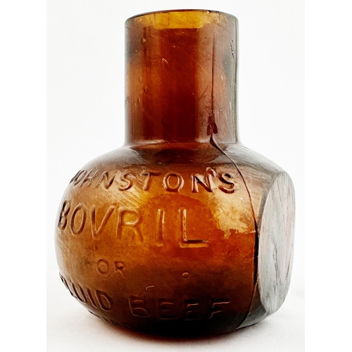 69 - JOHNSTONS BOVRIL ORFLUID BEEF BOTTLE. 4.7ins tall. Dark red brown glass, re anealled rim, familiar m... 