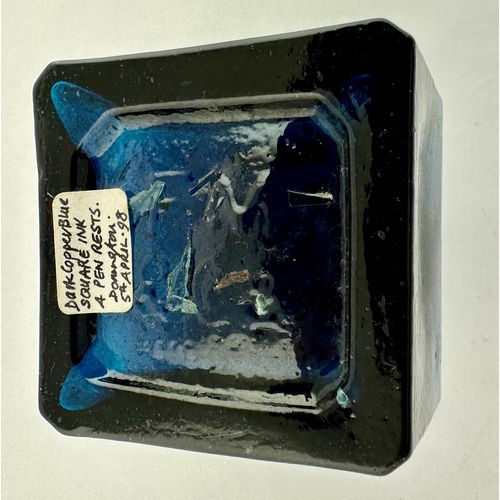 82 - TURQUIOSE SQUARE INK BOTTLE. 2.1 ins tall, 1.75ins squarebase. four nib like inserts around top, she... 