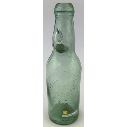 115 - FLAT BASED GREEN MARBLE HUDDERSFIELD CODD BOTTLE. 8.8ins tall. An exceptional offering in the form o... 