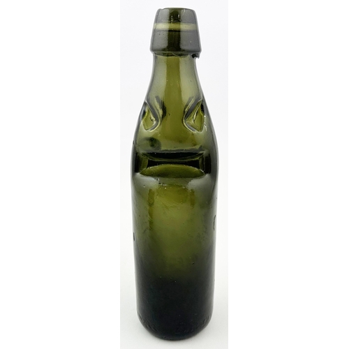 124 - MORRELLS TRUSTEES LION BREWERY OXFORD CODD BOTTLE. 9.2ins tall. A fabulous deep/ dark green glass 10... 