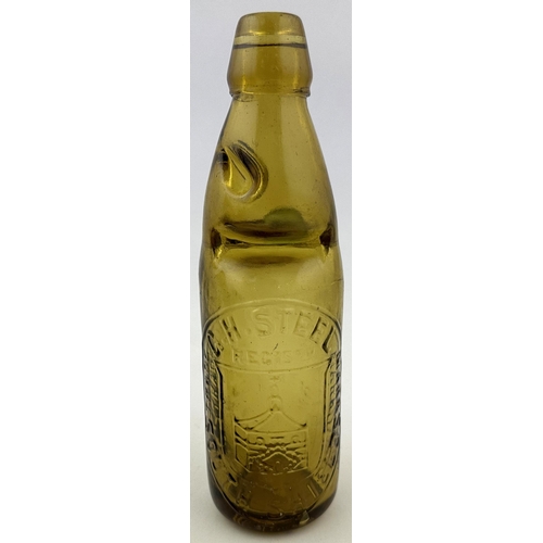 125 - G H STEEL NORTH SHIELDS AMBER CODD BOTTLE. 9.2ins tall. Golden amber 10oz codd. Heavily embossed fro... 